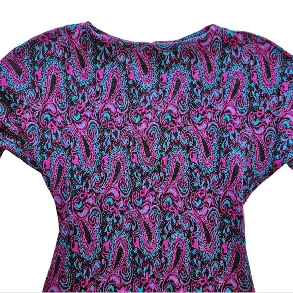 Vintage '70s Long Sleeve Purple Paisley Crew Neck Drop Waist Knit Midi Dress 4 - Picture 4 of 9